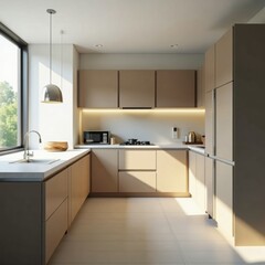 Fototapeta premium High-end kitchen, seamless appliances, clean lines, home, modern