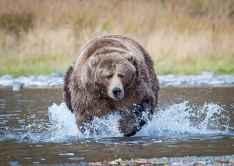 Large Male Kodiak Brown Bear running toward camera
