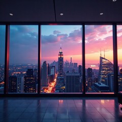 Illuminated office windows, city skyline backdrop , windows, night view