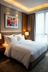 Immaculately made hotel bed, room perfectly organized, light, vacation, linen