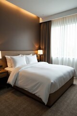 Immaculately made hotel bed, room perfectly organized, housekeeping, pillows