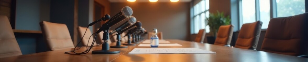 Multiple microphones on a table in a spacious vacant conference hall , audio, equipment, deserted