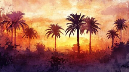 Abstract painting of a sunset behind multiple palm trees silhouettes