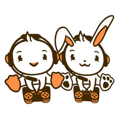 Bunny Bird Chick 2 Gamer Gaming Play Controller Design Lover Art Vector Illustration Card T-Shirt Poster Sticker Graphic Print Decorative Drawing Isolated Logo Decoration Symbol Creative Cool Style
