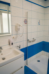 Shared shower room and toilet in the hotel. Modern design.
