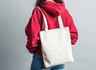 Woman holding a blank canvas tote bag mock-up, a woman in a red hoodie with blue jeans standing and carrying a white tote bag on a grey background for design presentation or print