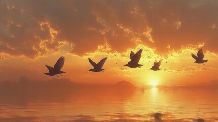 Flying birds at sunset over calm waters nature photography serene environment scenic view peaceful concept