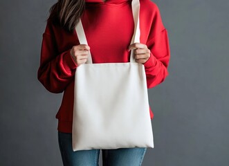 Woman holding a blank canvas tote bag mock-up, a woman in a red hoodie with blue jeans standing and carrying a white tote bag on a grey background for design presentation or print