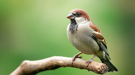 Close-up of sparrow perched on branch against green background