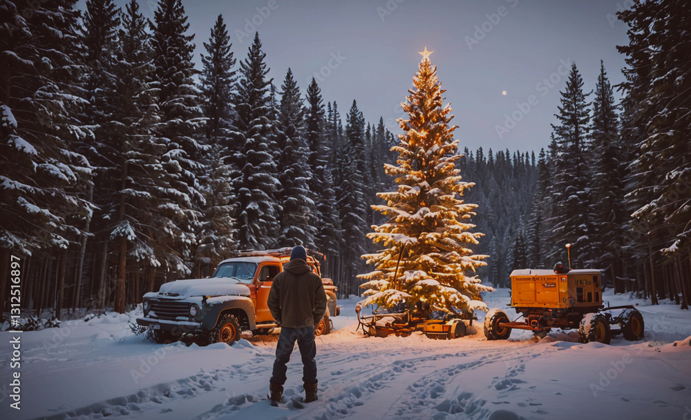 Aufkleber Man stands in front of a Christmas tree in a snowy forest. The scene is peaceful and serene, with the man looking up at the tree with a sense of wonder and awe