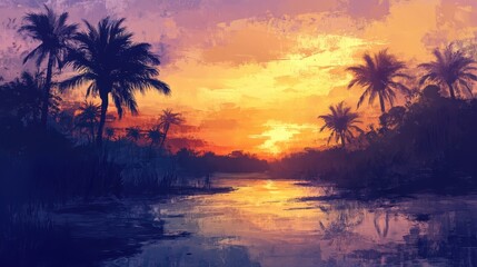Beautiful sunset over a tropical lagoon with palm trees silhouetted