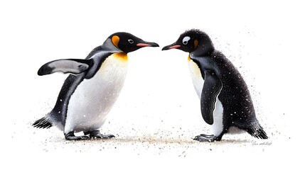 Obraz premium Two King Penguins Facing Each Other on White Background