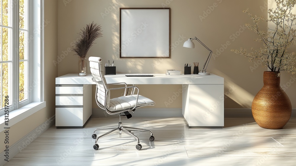 Poster an office setting with an empty frame and work desk