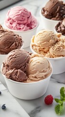 Delicious variety of colorful ice cream scoops in white bowls