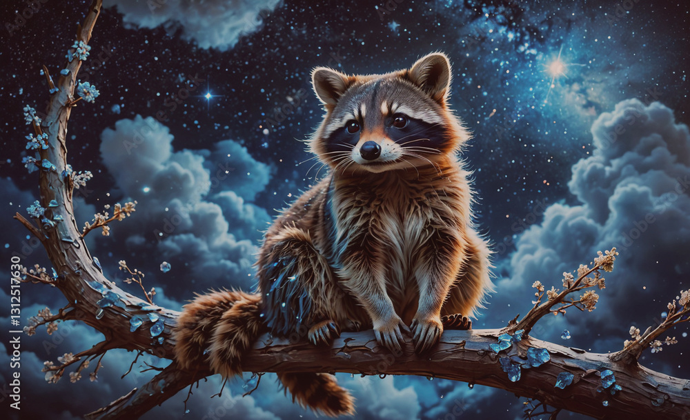 Poster raccoon is sitting on a branch in the night sky. the sky is filled with stars and clouds, creating a