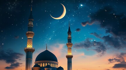 Religious symbols with a mosque and moon, representing Ramadan or other Islamic concepts, leaving space for additional text.