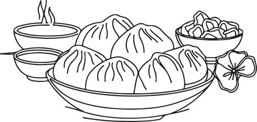 Line Drawing of Dumplings Served on a Plate - Vector Art