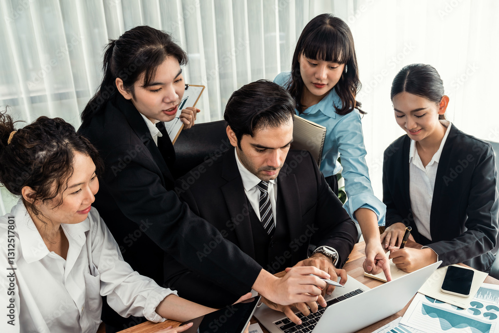 Aufkleber diverse group of business analyst team analyzing financial data report paper on office table. chart 