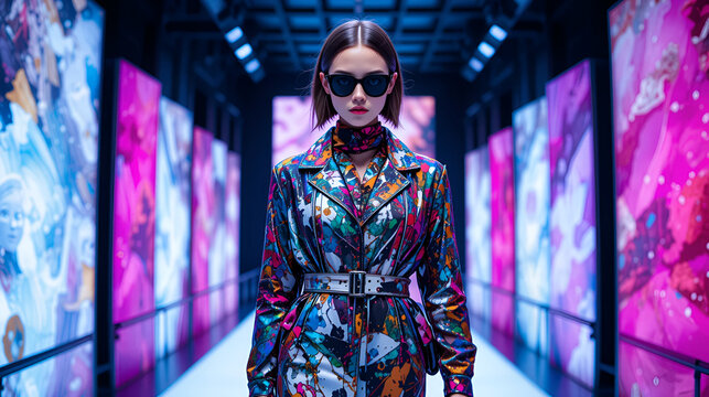 A fashion-forward individual against a runway-inspired background, showcasing avant-garde style and trendsetting fashion. Concept of fashion innovation. .