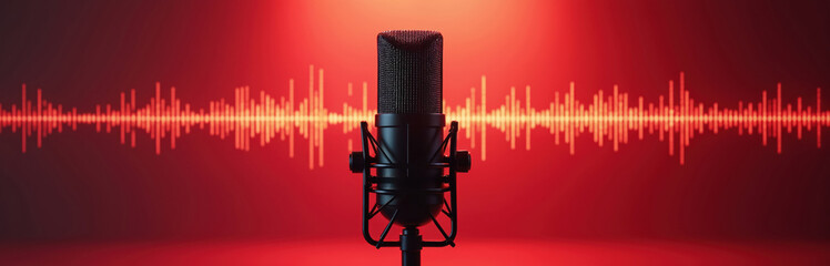 Studio photo of black pro condenser microphone against vibrant red background with dynamic audio waveform. Sound recording voice production technology equipment for broadcast, podcast, radio, music