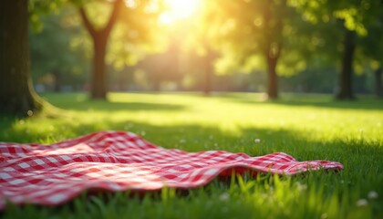 Checkered picnic blanket on sunny summer grass in park. Outdoors leisure scene with sunlight, fresh spring meadow. Relaxation, holiday concept. Red and white gingham cloth on lawn.