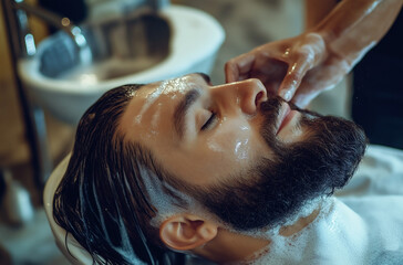 Fototapeta premium hairdresser cutting hair of man, hairdresser at work, young man shaving, barber makes a hair of a client, young man shaving, young man having a massage