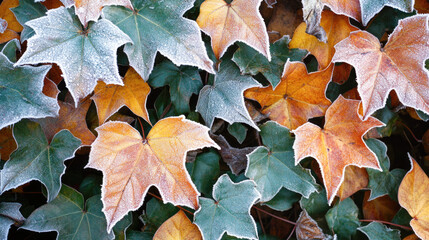 Fototapeta premium Frost-covered autumn leaves in various colors and shapes