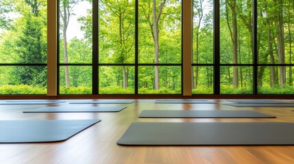 Serene yoga studio with mats on wooden floor, surrounded by lush greenery and large windows