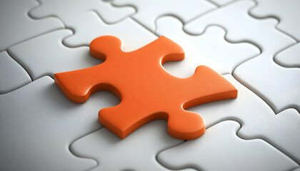 Picture of an orange puzzle piece that fits into a white puzzle. Teamwork, solutions, and problem-solving concepts are emphasized.