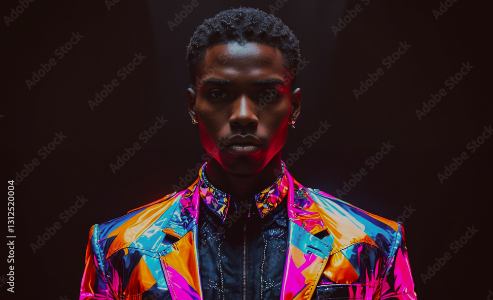 Poster man in a colorful suit is standing in front of a black background. the man is wearing a colorful jac