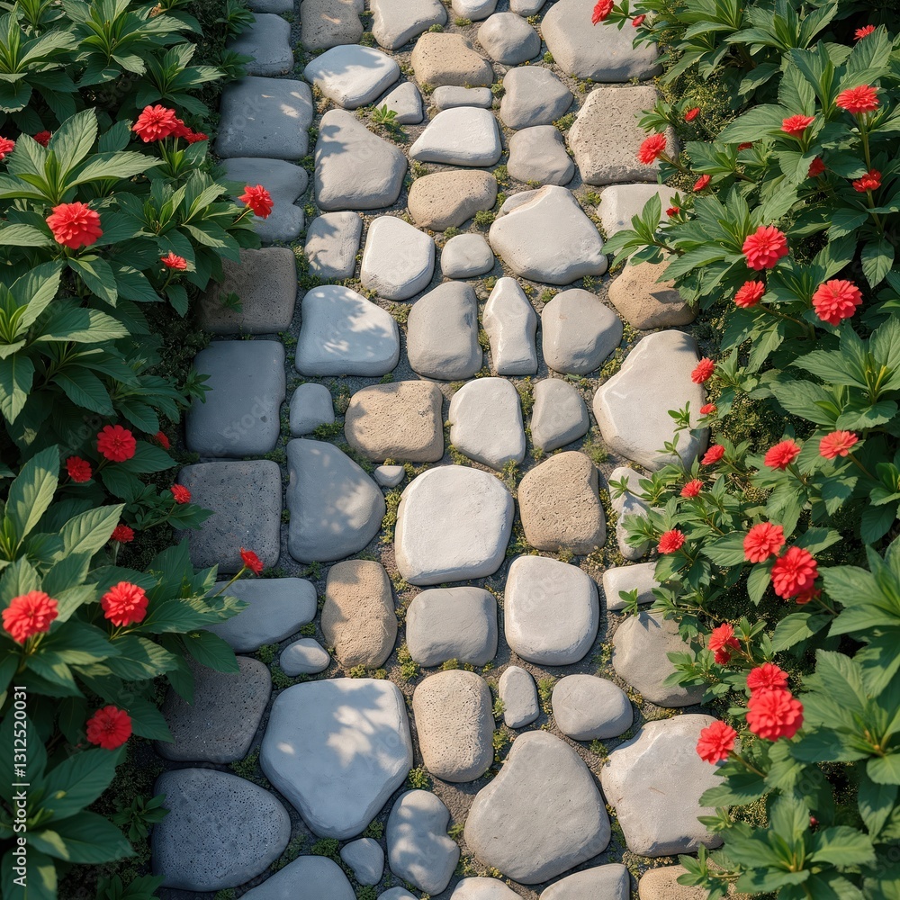 Poster stone garden path with flower border background. top view of stone blocks pavement texture pattern. 