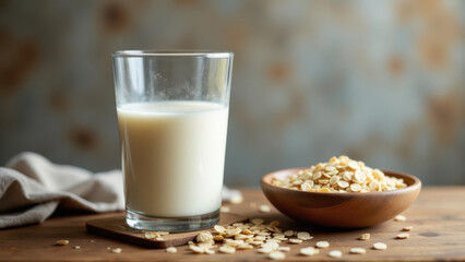 Glass of milk with oat cereal on wooden table.