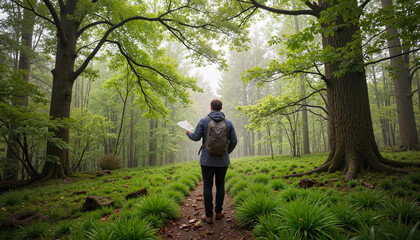 Novice hiker exploring a misty forest path in spring, adventure awaits