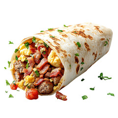 A Hearty Breakfast Burrito with Eggs Bacon Sausage and Tomatoes Isolated on Transparent Background
