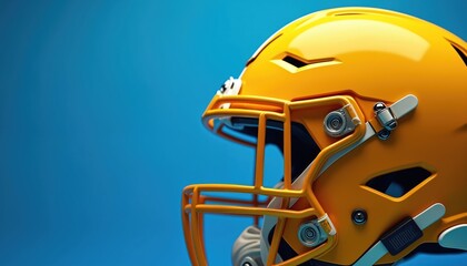 Close-up of vibrant yellow football helmet with blue background. Modern protective headgear design ensures athlete safety during competition. American football gear, sport equipment, fit for