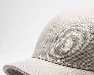 Close-up view of a blank baseball cap showcasing subtle textures and craftsmanship in a minimalist setting during the afternoon light