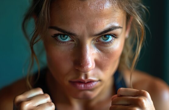 Close-up portrait of sweating female boxer with fists up. Determined eyes express strength, power, confidence. Intense look of athletic woman preparing to fight, challenge opponent.