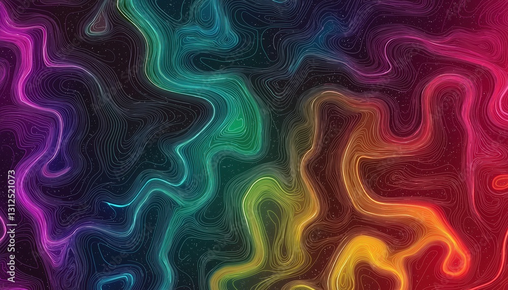 Poster abstract neon topographic design with glowing lines in vibrant colors on a dark background, resembli