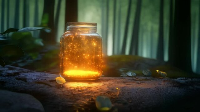 Discovering the magic of glowing fireflies captured in a jar during a peaceful evening in the forest