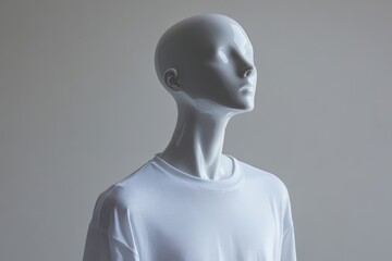 High-quality blank white t-shirt displayed on a sleek mannequin showcasing minimalistic fashion style in a modern setting