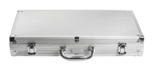 Silver metal briefcase closed with chrome handle on white background