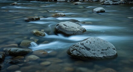 Water Flowing Around Rocks in River with Long Exposure Effect
