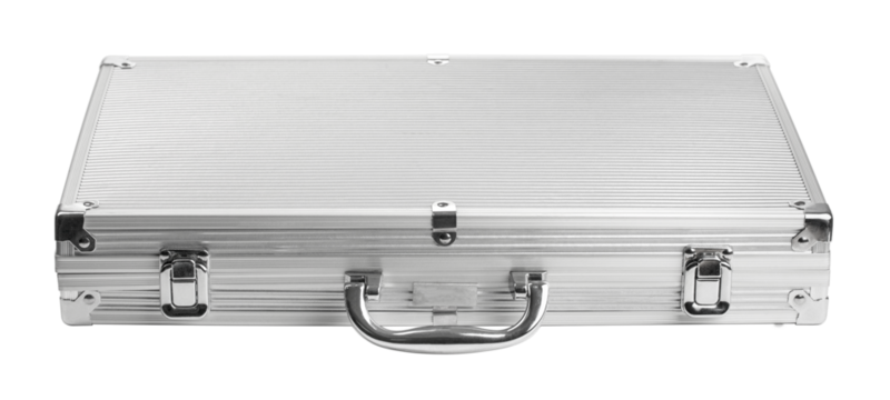 Silver metal briefcase closed with chrome handle on white background