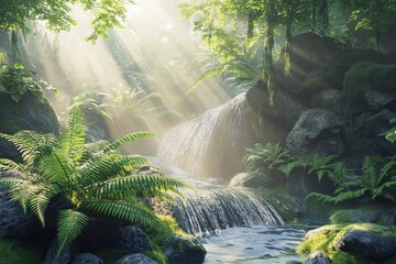 Beneath the misty canopy, the sun awakens a vibrant rainforest featuring lush ferns and a gentle waterfall's embrace