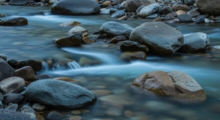 Obraz premium Water Flowing Through River Rocks with Long Exposure Photography Technique
