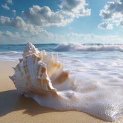 Beautiful conch shell resting on a sandy beach with gentle waves and a bright sky in the background