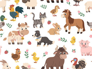 Children's farm animals cartoon pattern. Seamless village background with farm animals - cow, bull, horse, cat and dog, pig, chicken and rooster.