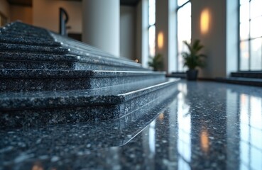 Close-up on luxury polished granite stairs, shiny floor in modern interior. Premium decorative stone surface, hard-wearing, easy to clean, sleek staircase design. Renovation solution for home,