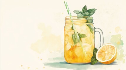 Fototapeta premium Refreshing Lemonade in Mason Jar with Mint Leaves and Ice Cubes on Soft Watercolor Background