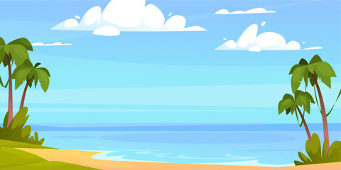 Beautiful beach landscape cartoon vector illustration with palm trees, clear sky, and tranquil ocean waves. Perfect summer template for vacation, holidays, travel designs.
